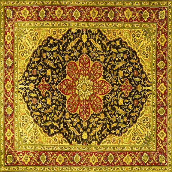 Ahgly Company Machine Washable Indoor Square Medallion Yellow Traditional Area Rugs, 6' Square