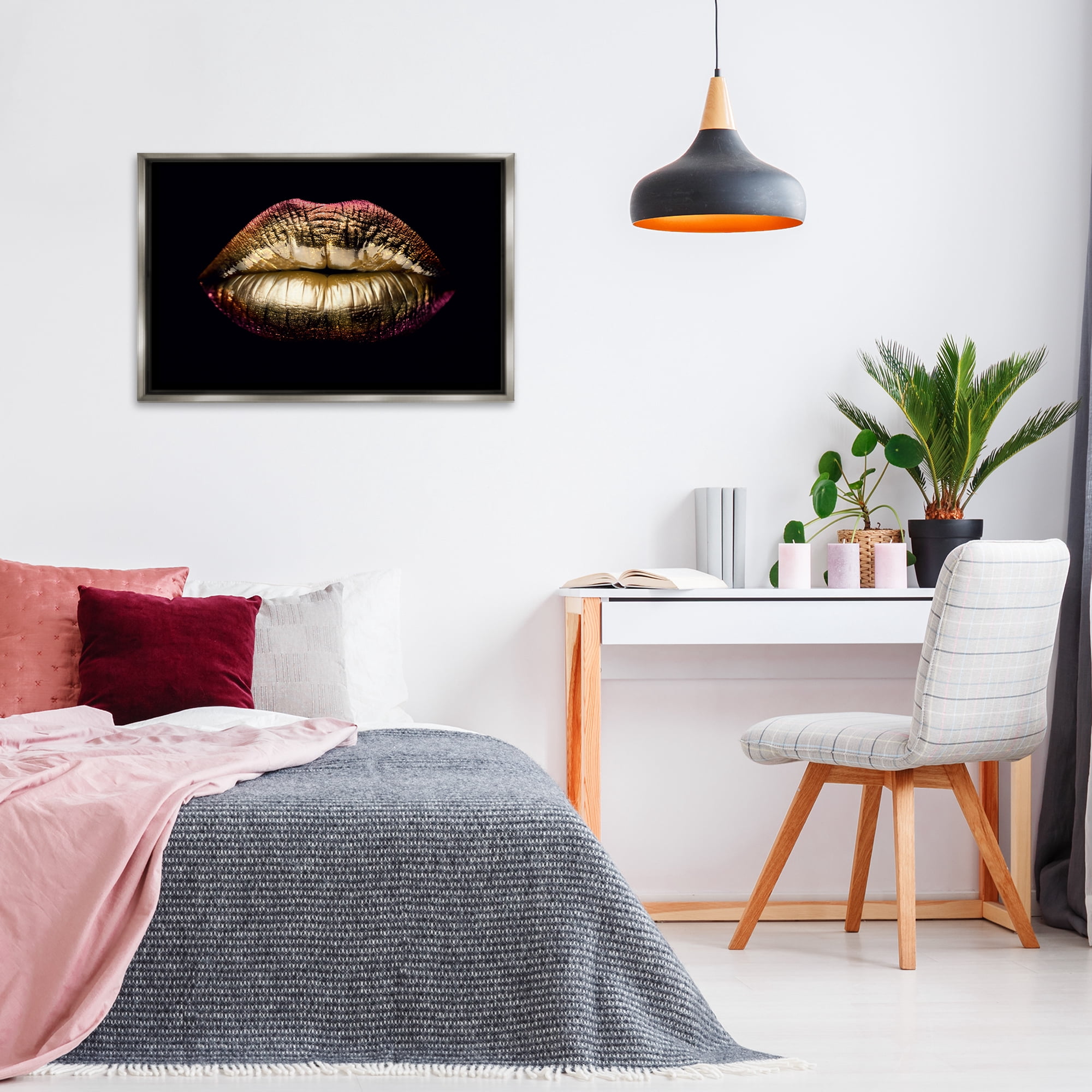Stupell Industries Pink & Gold Lipstick Fashion Painting Gray Floater Framed Canvas Art Print Wall Art, 31 x 21