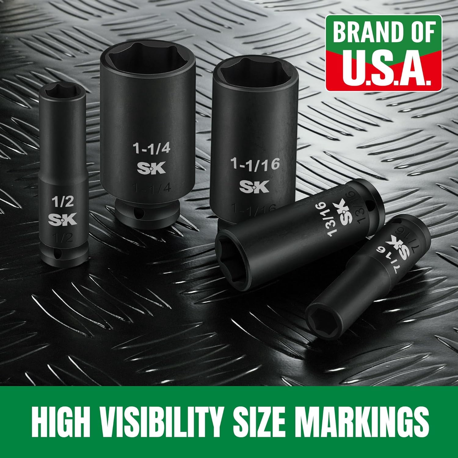 SK 1/2" Drive Impact Socket Set, Deep SAE Sockets, 13-Piece 7/16" to 1-1/4", Premium CR-MO Steel, SureGrip 6 Point Design, With Storage Case