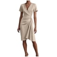thumbnail image 2 of Dolkfu Short Sleeve Fall&Winter Dresses for Women Petal V-Neck Pull-on Yellow Bodycon Slim Fashion Solid Mid-Length Dresses Khaki,Xs, 2 of 5