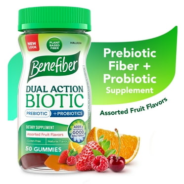 Benefiber Prebiotic Fiber Supplement Gummies With Probiotics for Digestive Health, Assorted Fruit Flavors - 50 Count