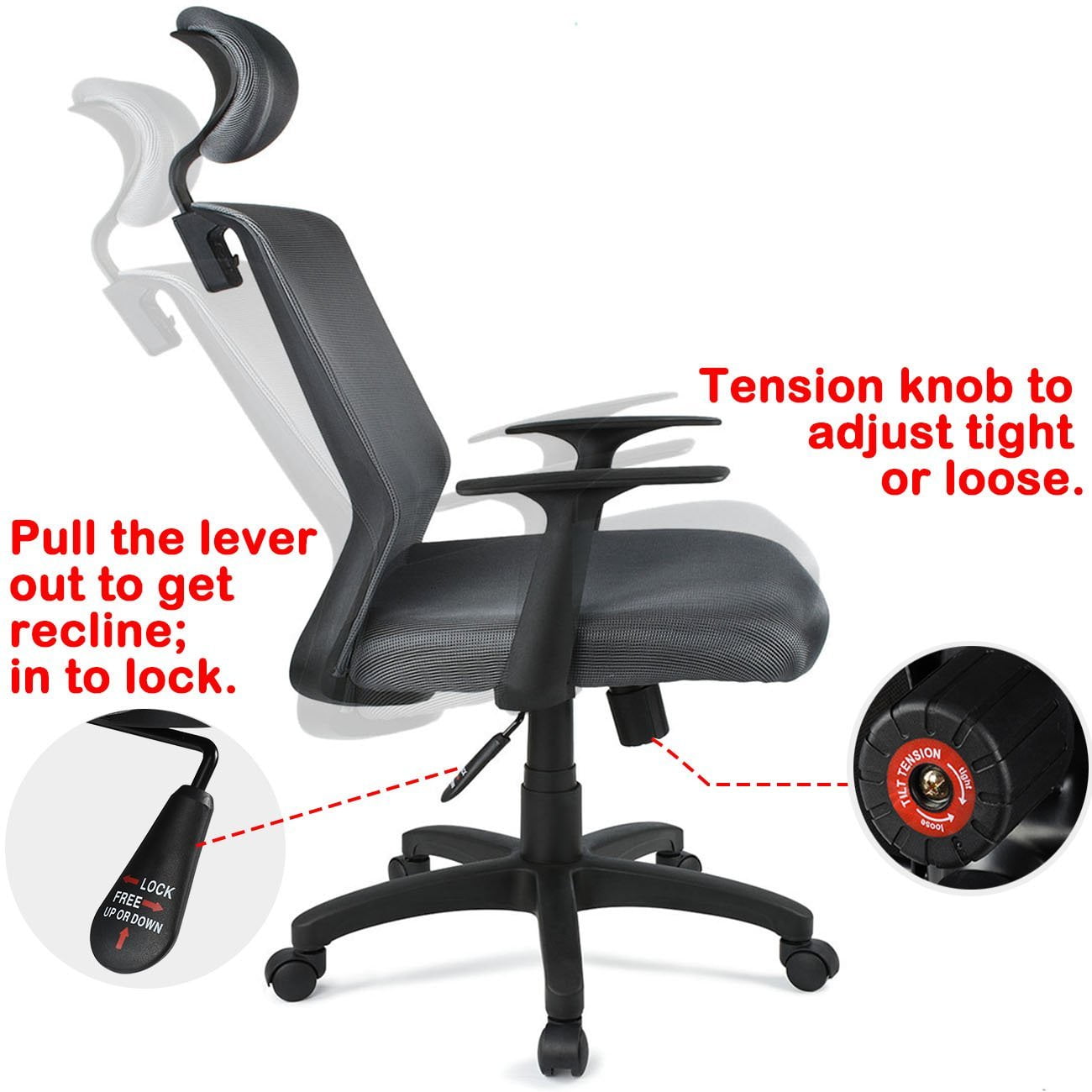 Padded Headrest Swivel Mesh Office Chair Recline Height Adjustable