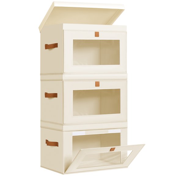 3 Pack Beige Closet Storage Bins with Lids Front Opening Storage Bin Collapsible Fabric Organizer with Clear Window Dual Handles Closet Clothes Blanket Book Storage Box for Home DIMJ