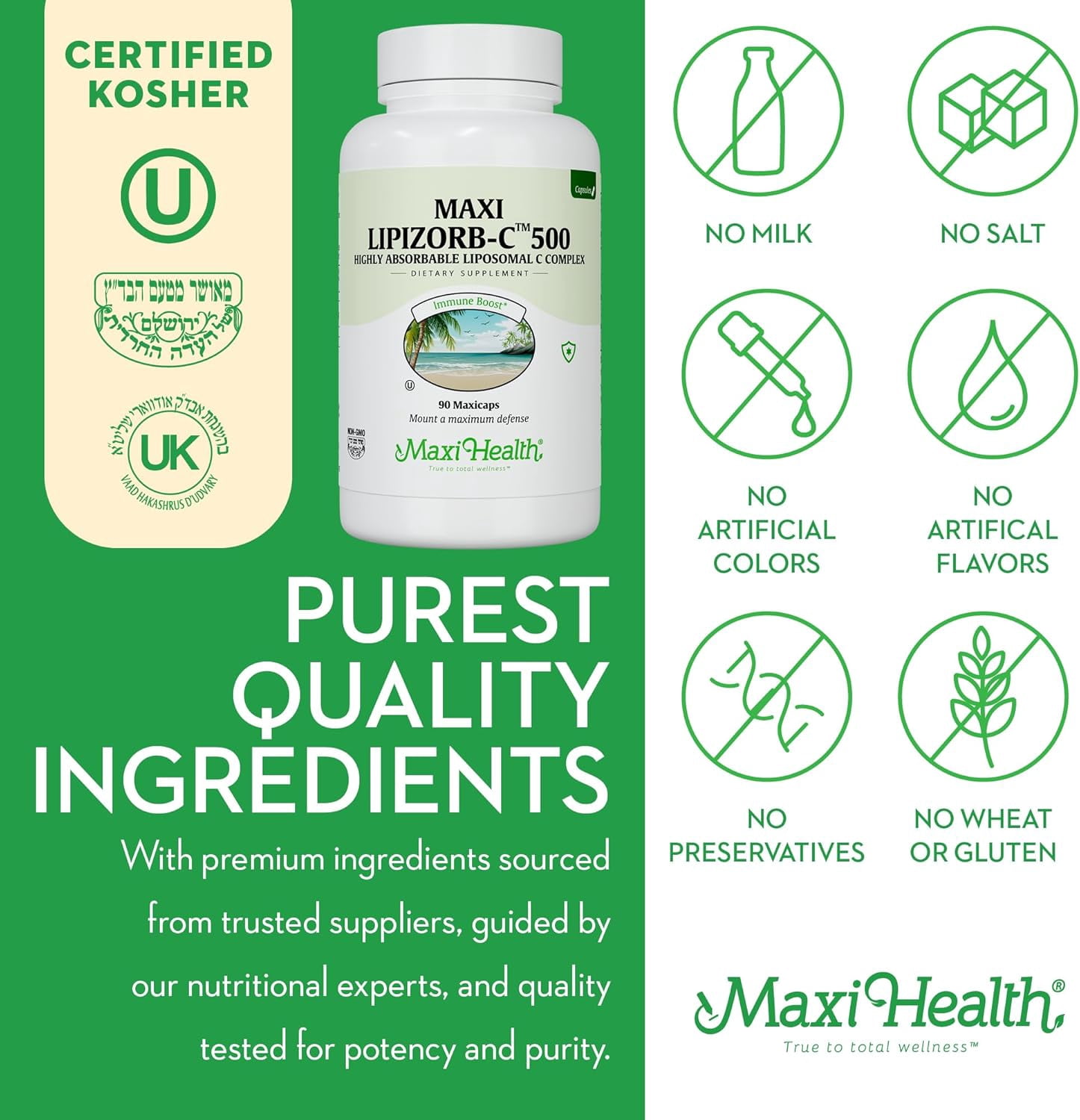 Maxi Health Liposomal Vitamin C Supplement – Immune Support – 500mg Buffered – 90 Vegetarian Capsules – 1 pack