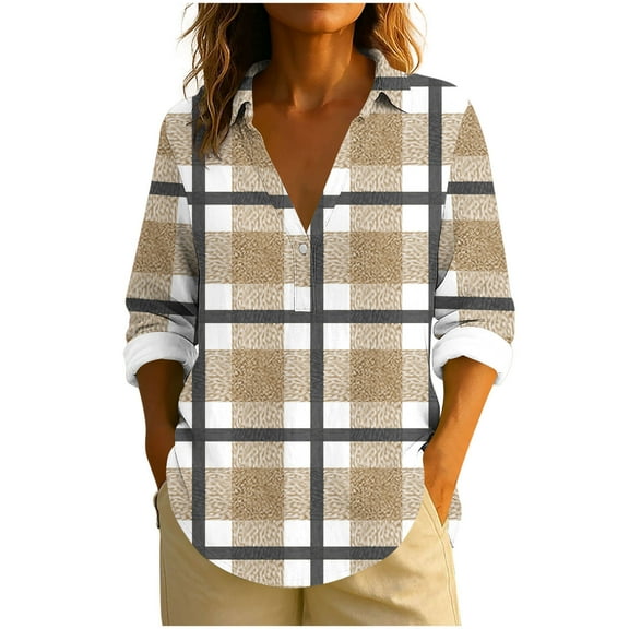 SCSAlgin Womens Plaid Shirts Dressy Cuffed Long Sleeve Tops Casual Loose Work Blouses