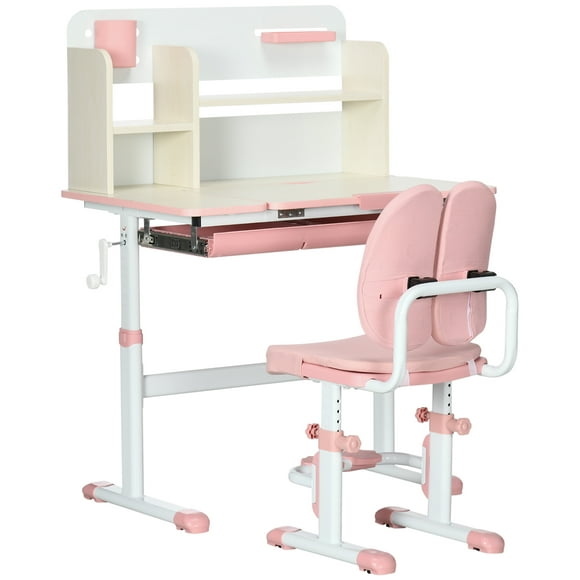 Qaba Kids Desk and Chair Set, Height Adjustable Student Writing Desk & Chair with Adaptive Seat Back, Footrests, Bookshelf, Drawer, Pen Holder, Pink