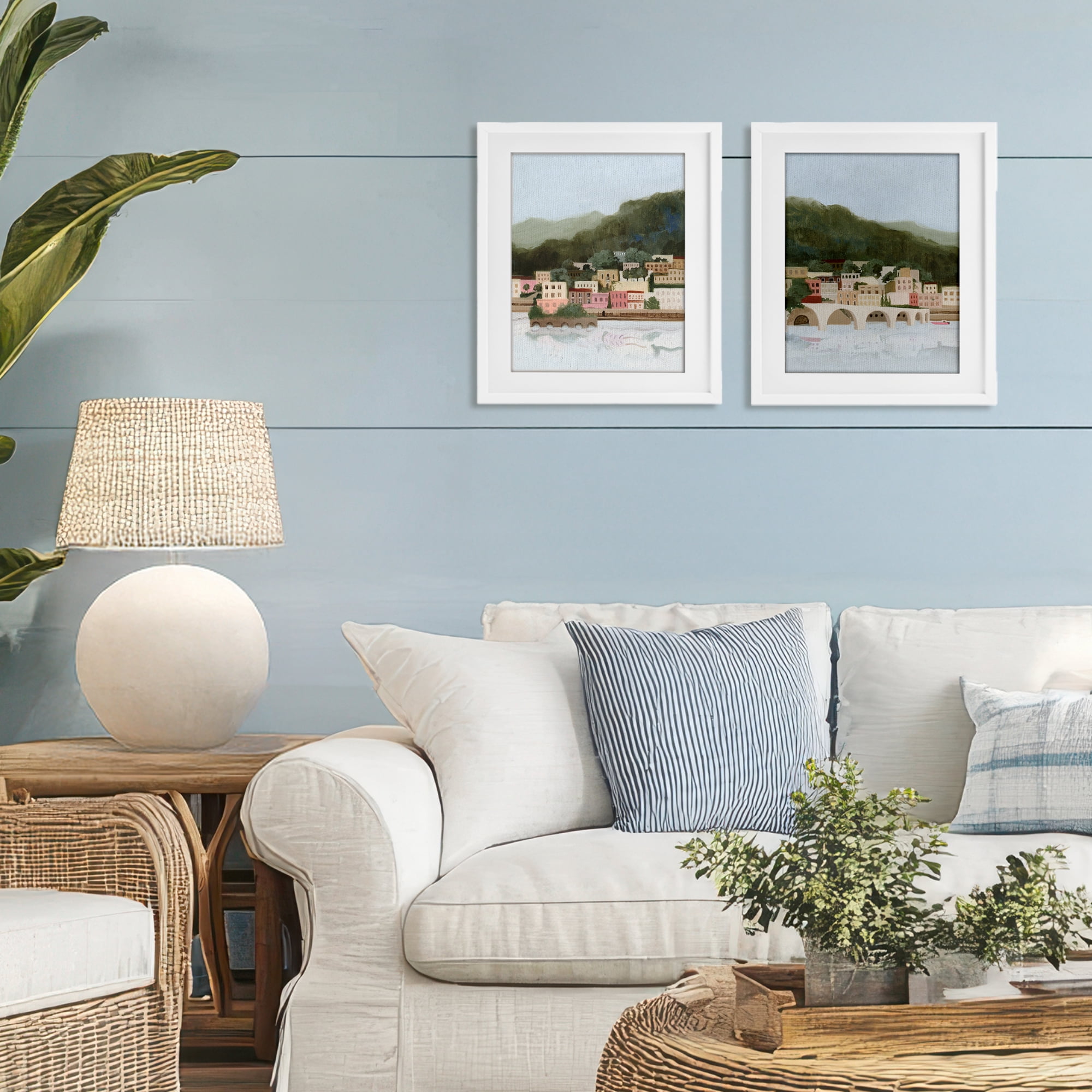 Stupell Industries Mountain Town by Sea 2 Piece White Framed Print Under Glass Set, design by Grace Popp