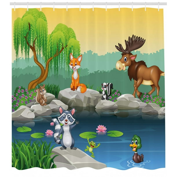 Cartoon Shower Curtain Funny Mascots Animals By The Lake Moose Shower Curtain Funny Mascots Animals