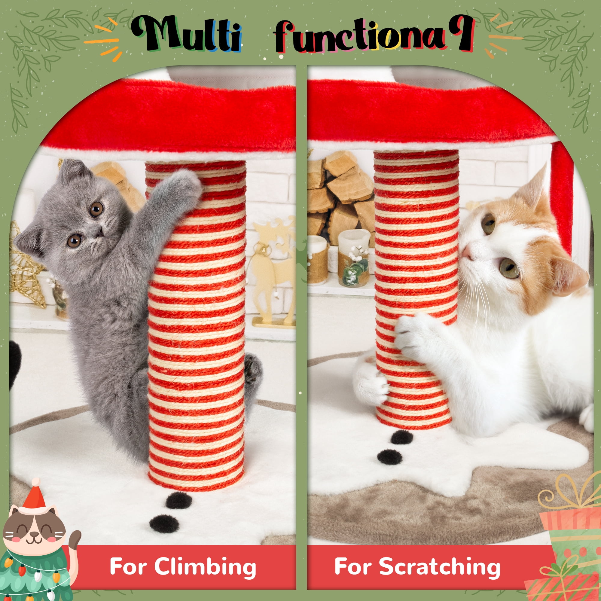LHBCraft Christmas Cat Tree, 35" Multi-Level Cat Tower with Cat Condos, Top Perches, Sisal Ramp Scratching Posts, Cozy Basket, Hammocks, Large Cat Pet Activity Structure