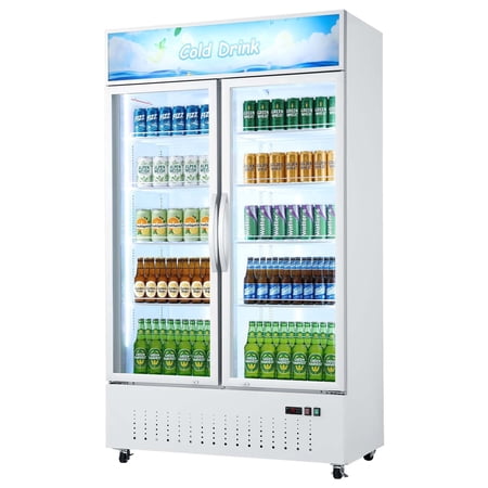 KFFKFF Commercial Merchandiser Refrigerator, 35.3 Cu.Ft / 1000L Upright Beverage Cooler, Double Glass Door Cooler with Adjustable Lightbox, 8 Movable Shelves, Energy-Efficient LED Lighting & Wheels