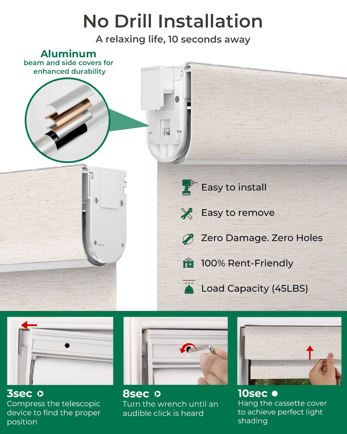 Allesin Motorized Blinds No Drill Automatic Roller Shades with Remote | Rental-friendly & Easy Install Smart Electric Blackout Window Blinds for Apartment, Cream-Linen 30x72