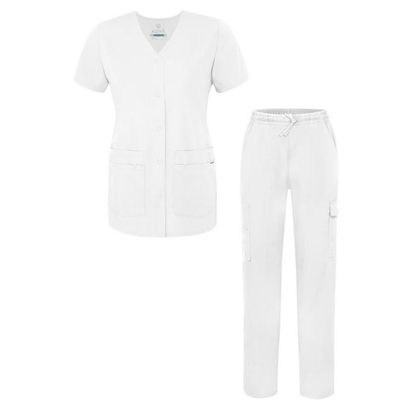 Adar Universal Women's Scrub Set – Snap Front Scrub Top and Multi Pocket Scrub Pants - 906 - White - XXS