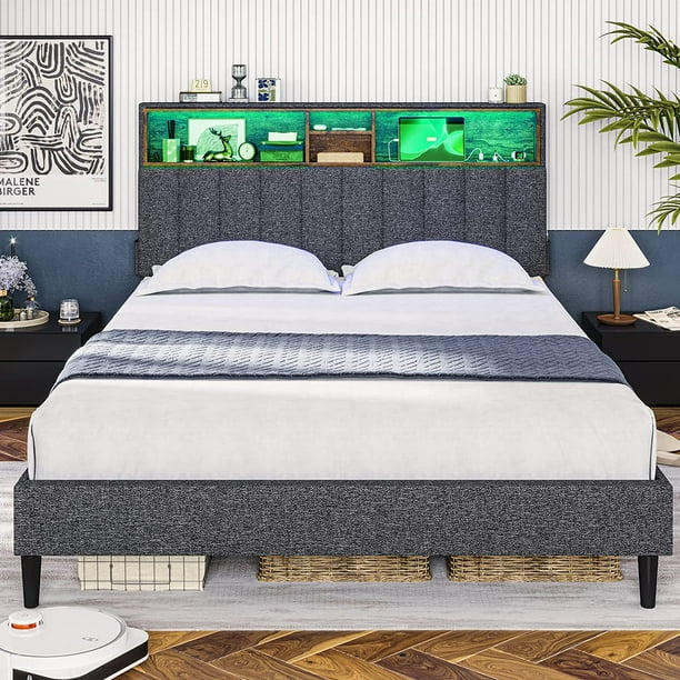 ADORNEVE Full Size LED Bed Frame with Outlet and USB Ports, Platform