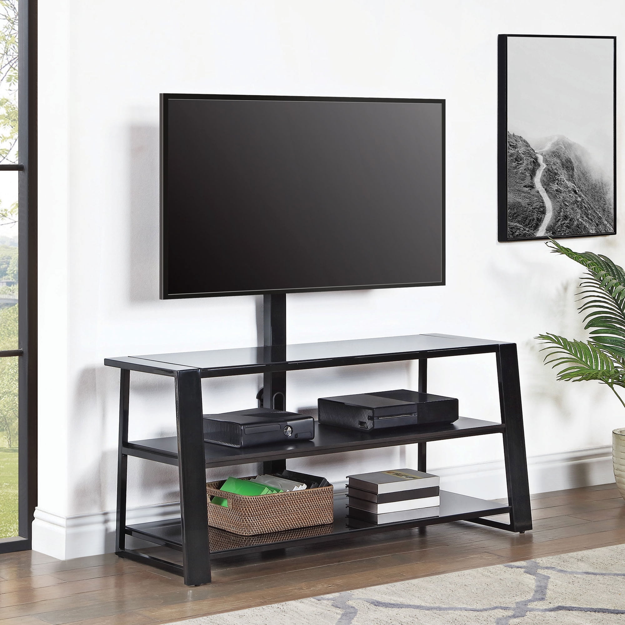Whalen Zane 3-in-1 TV Stand for TVs up to 70 inch, Glassy Black Finish
