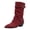 Red, variant on Pandaie Womens Mid Calf Boots Double Buckle Straps Slouchy Pull on Biker Booties Pointed Toe Chunky Low Heel Faux Suede Boots Black 12.5