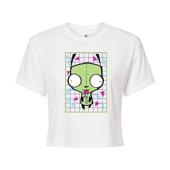 Invader ZIM - GIR Sticking Tongue Out - Retro Style Grid - Juniors Cropped Cotton Blend T-Shirt