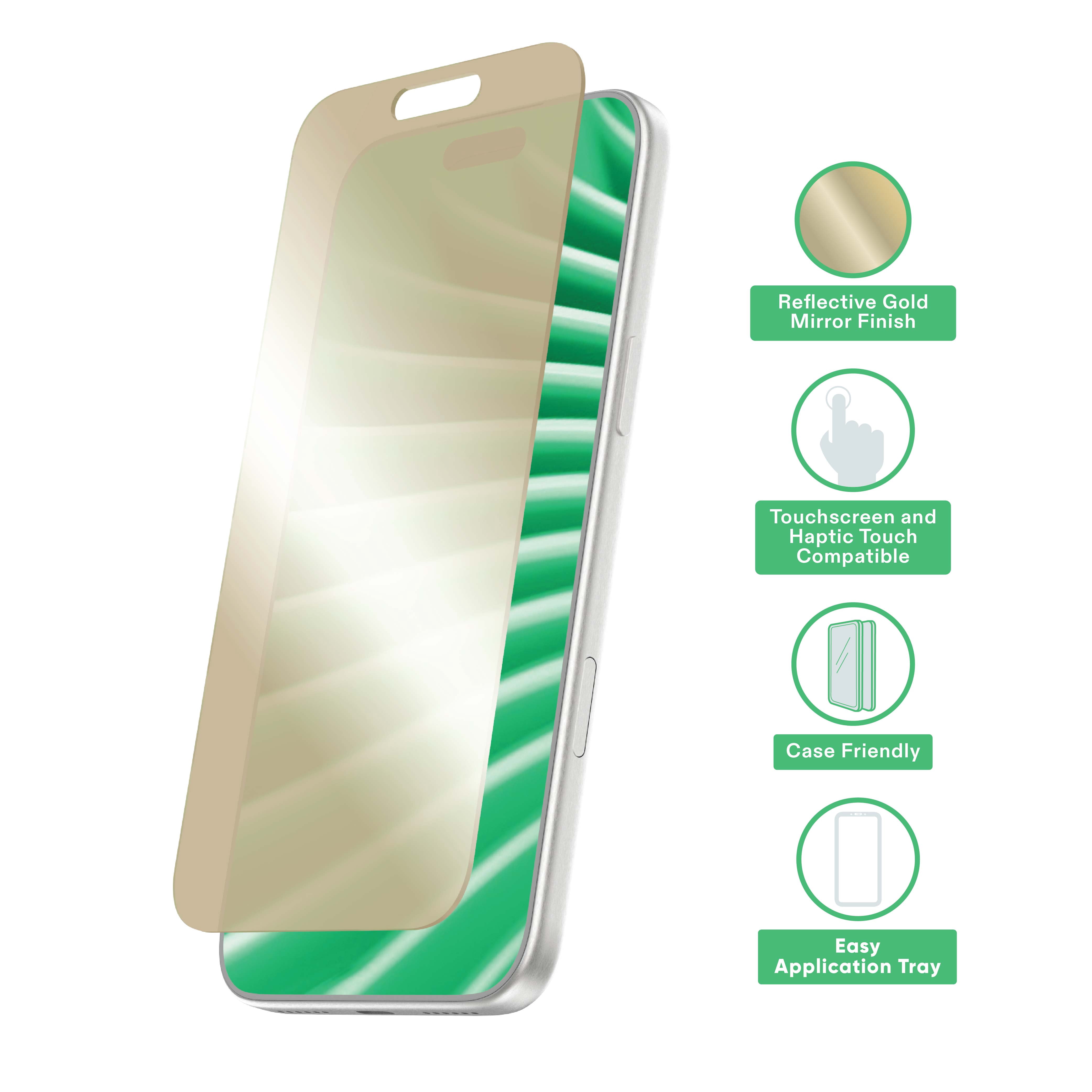 onn Mirror Glass Screen Protector for iPhone 18 Pro with Easy Application Tray - Gold Mirror Finish