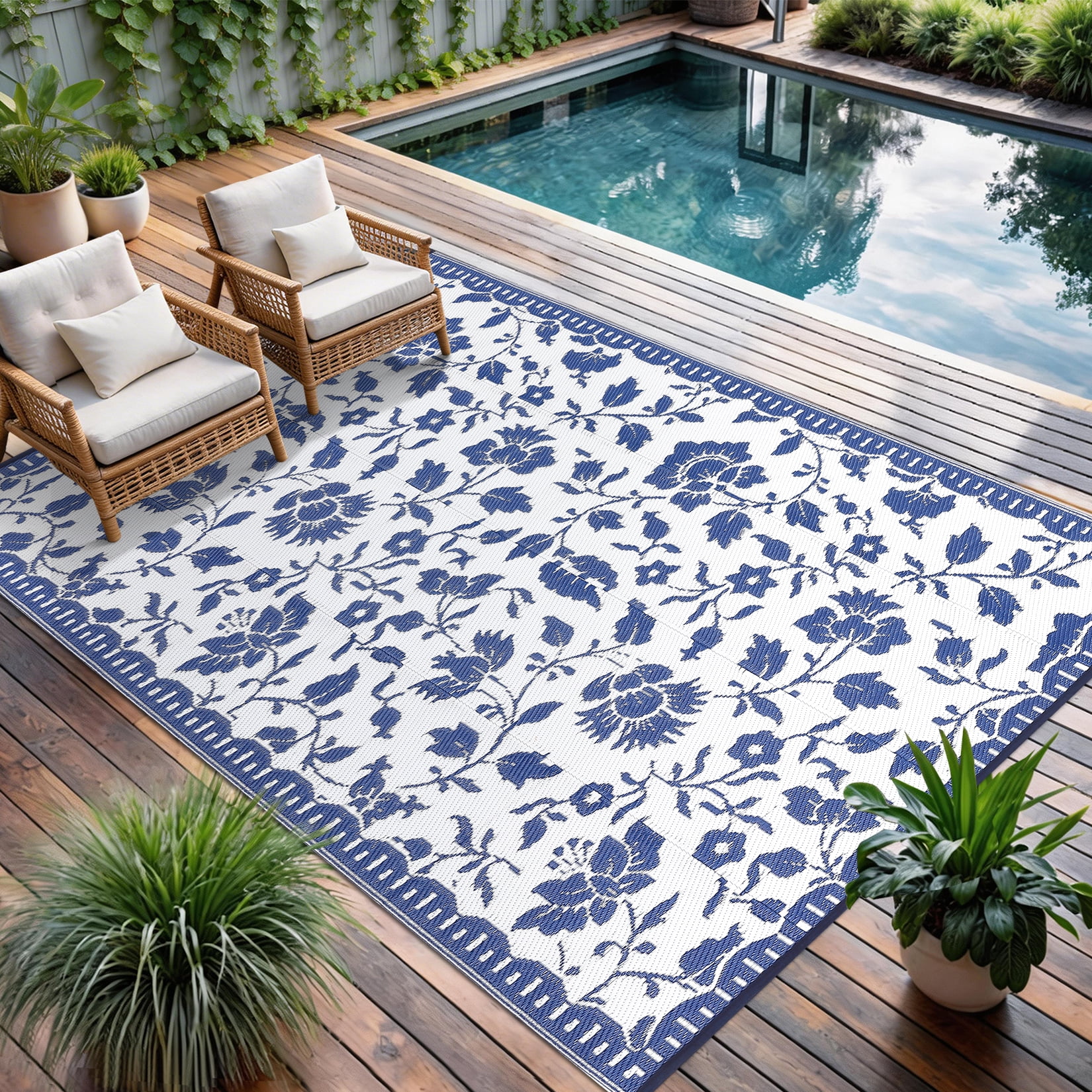 Garvee 5'x8' Outdoor Rug Waterproof Floral Camping Carpet, Reversible Plastic Straw Rug Outdoor Rug for Patio RV Balcony Backyard, Dark Blue