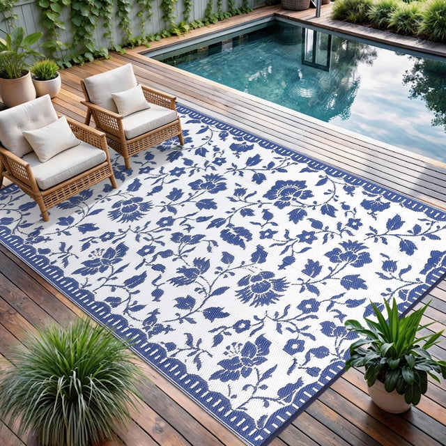 6x9 Navy&White Outdoor Rug Waterproof Reversible, Floral Plastic Straw Patio Rug, Foldable Outdoor Area Rug for RV Camping, Picnic, Beach, Balcony, Deck & Garden 6x9 Navy&White