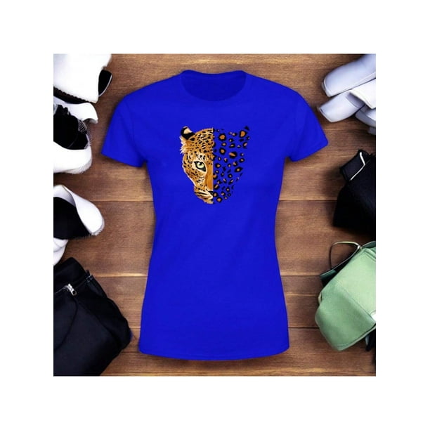 Playera Blusa Con Estampado De Jaguar Animal Print Ropa Para Mujer Color Azul Talla Grande Marca Emil SaEs