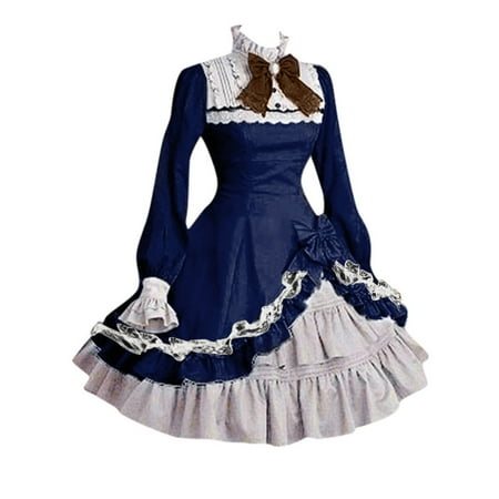 

Ziloco Lady Women Lace Long Sleeve Bowtie Cosplay Costumes Party Dress With Bow gothic corset dresses Blue L
