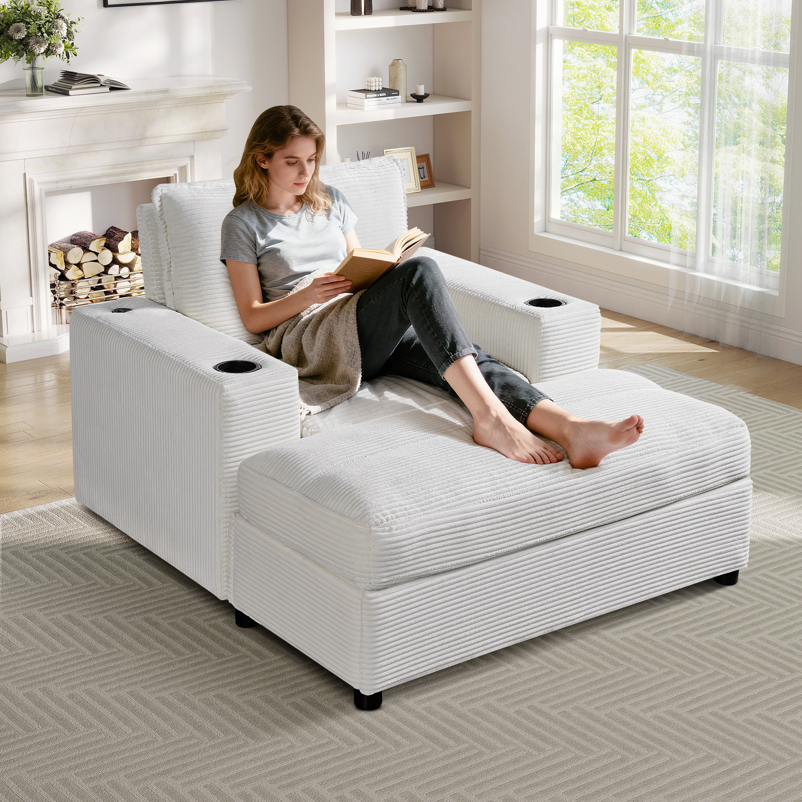 Lunale 42.8" Accent Chair with Ottoman, Indoor Chaise Lounge Chair with USB & Storage, Plush Reading Sofa Armchair for Living Room, Bedroom, Apt, White Corduroy