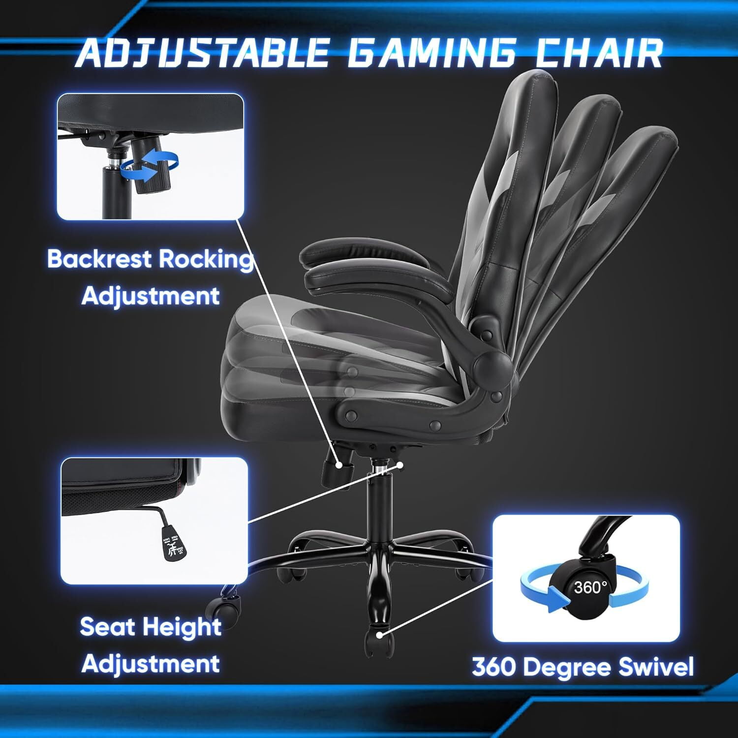 AENKYO Gaming Chair, Computer Chair Ergonomic Office Chair PU Leather Desk Chair Executive Adjustable Swivel Task Chair with Flip-up Armrest, Gray