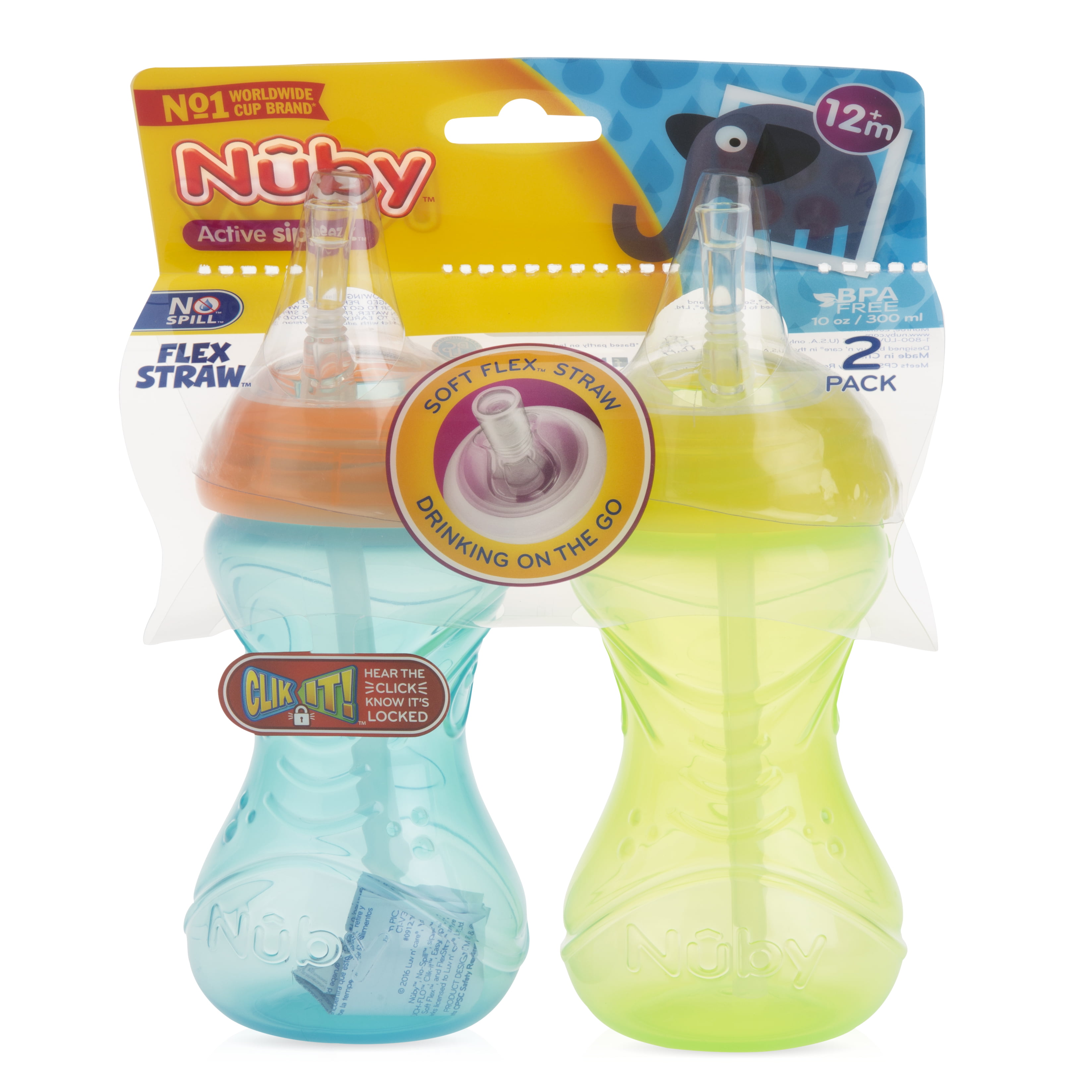 Nuby 2 Pack 10 Oz. Clik-It Cup with Flex Straw, Red & Blue