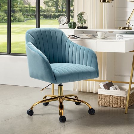 UPC: 0784140782827 | Velvet Office Desk Chair Makeup Vanity Table Chairs Adjustable Armchair Gold Legs Blue