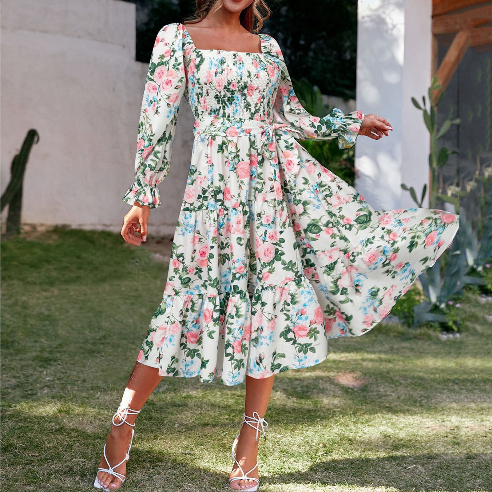 Women Casual Dress V Neck Long Dress Printed Long Sleeve Belt Elegant Long Dress Women s Casual Dress Hot Pink M Walmart