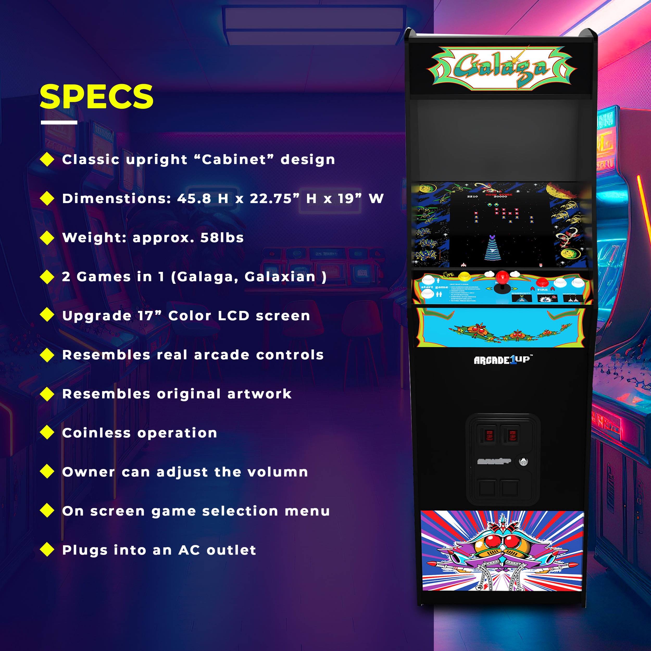 Arcade1Up GALAGA Deluxe 14 Games in 1, 5Ft Stand-Up Cabinet Arcade