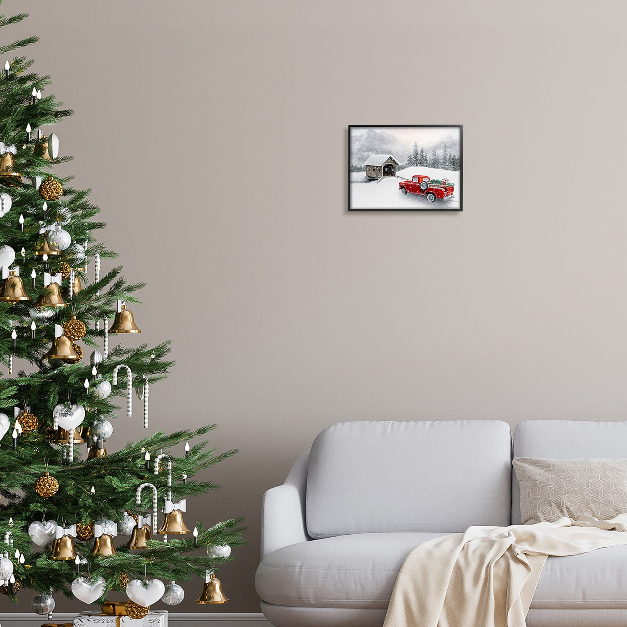 Relaxing Snowcapped Mountain Scenery Vintage Red Truck Transportation Painting Framed Art Print Wall Art