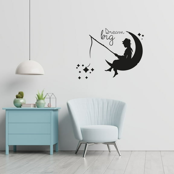 Dream Big - Cute Little Girl Fishing In The Moon Stars Fishing Decor Vinyl Wall Art Wall Sticker Wall Decal Home Kids Recreational Fishing Bedroom Boys Girls Wall Decor Design Size (22x30 inch)
