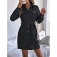 thumbnail image 6 of Women'S Collar V Neck Button Down Pleated Long Sleeve Mini Shirt Dress with Belt Black XL, 6 of 8