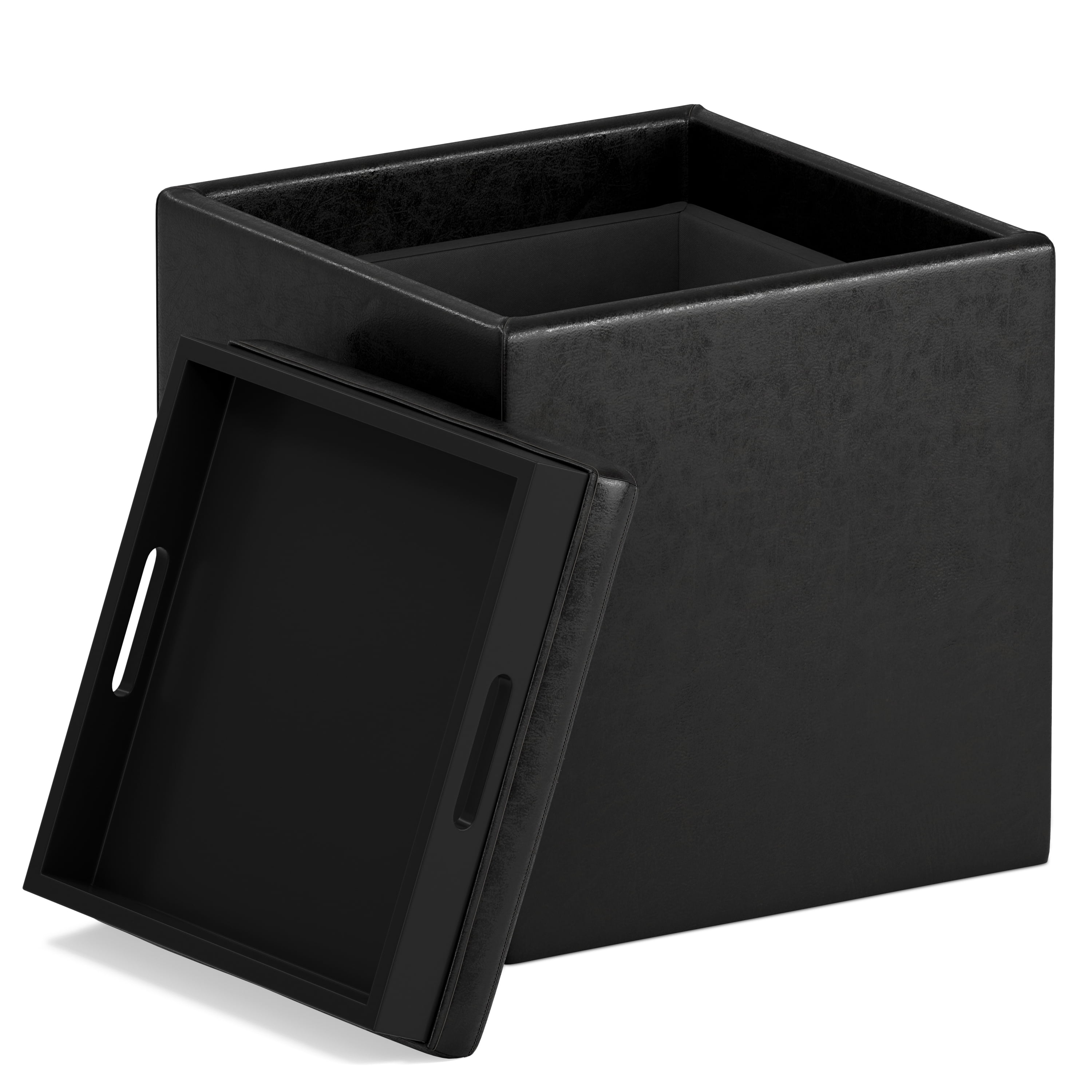 Simpli Home Rockwood 17 inch Wide Contemporary Square Cube Storage Ottoman with Tray in Distressed Black Vegan Faux Leather, Assembled