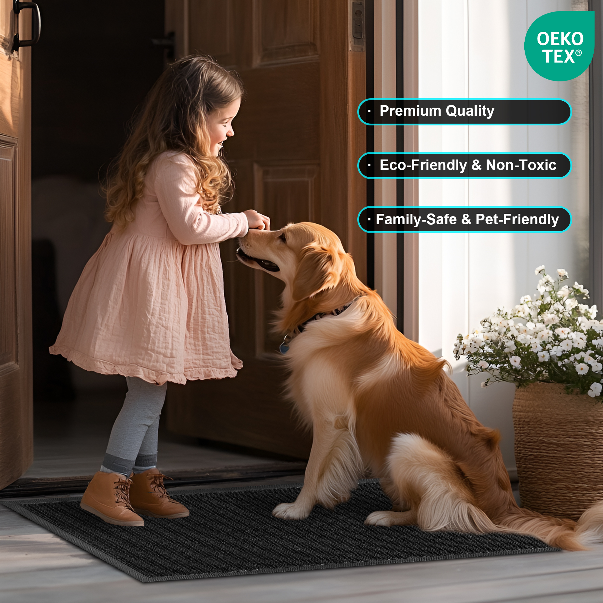 Vaparinckl Outdoor Mat, Non Slip 24"x35" Doormat, Springy Front Door Welcome Mat, Absorbent Rubber, Mesh Low Profile Dirt Trapper Indoor Rug For Entryway & Outside Entrance, Black