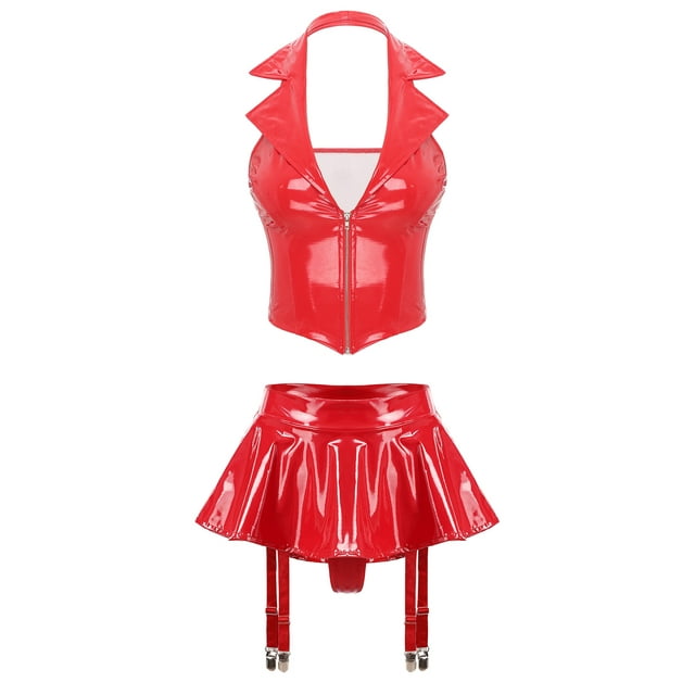 Aislor Women's Two-Piece Patent Leather Lingerie Set Crop Top with Built-in Thongs Ruffle Miniskirt Red 4XL
