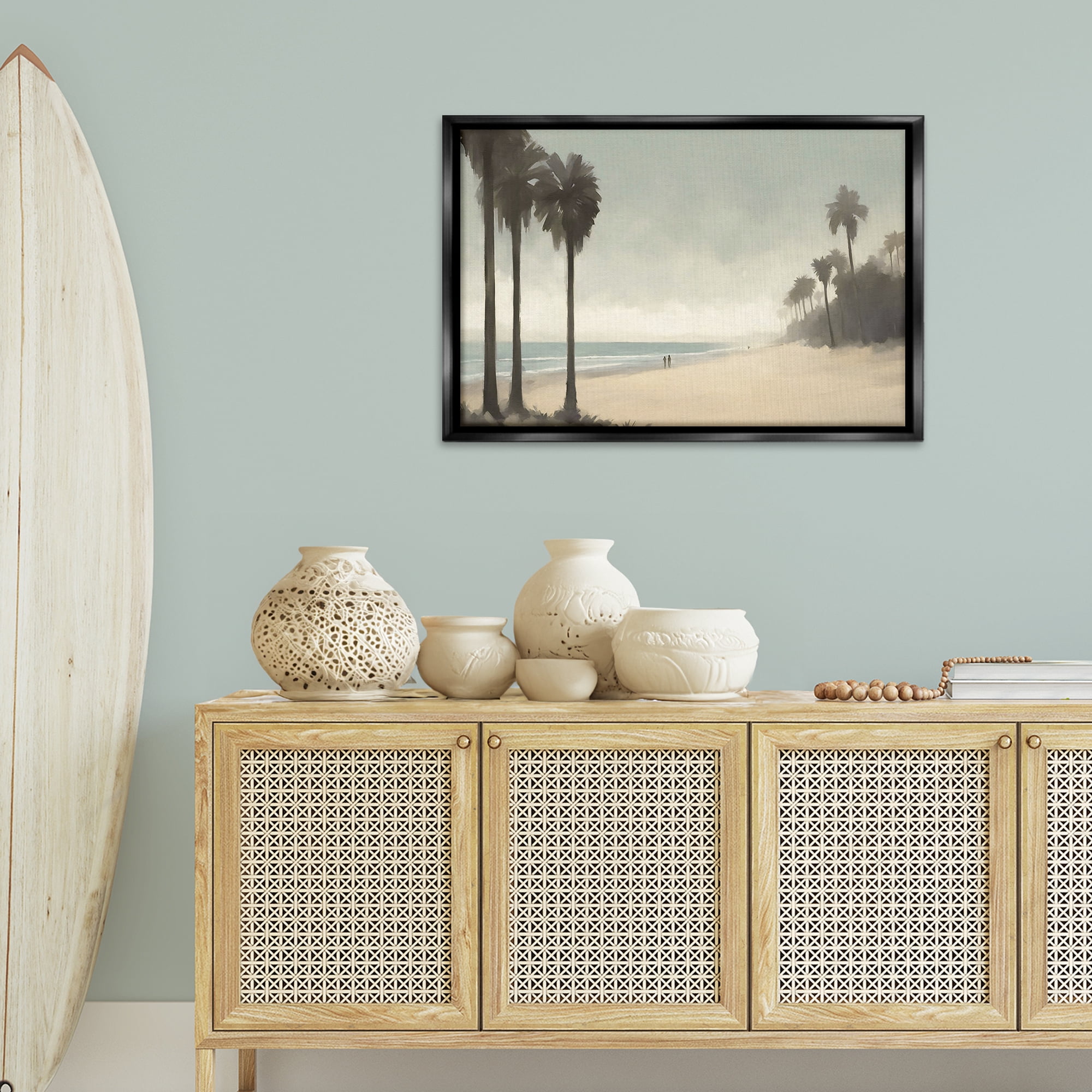 Stupell Industries Deserted Beach & Palms Landscape & Nature Painting Black Floater Framed Canvas Art Print Wall Art, 31 x 21