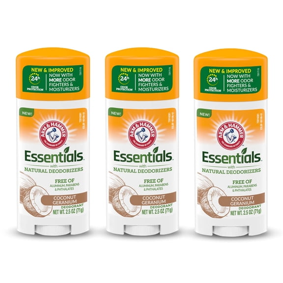 Arm & Hammer Essentials Deodorant - Made With Natural Deodorizers - Coconut Geranium - Free From Aluminum, Parabens & Phthalates, 2.5 Oz (Pack Of 3).