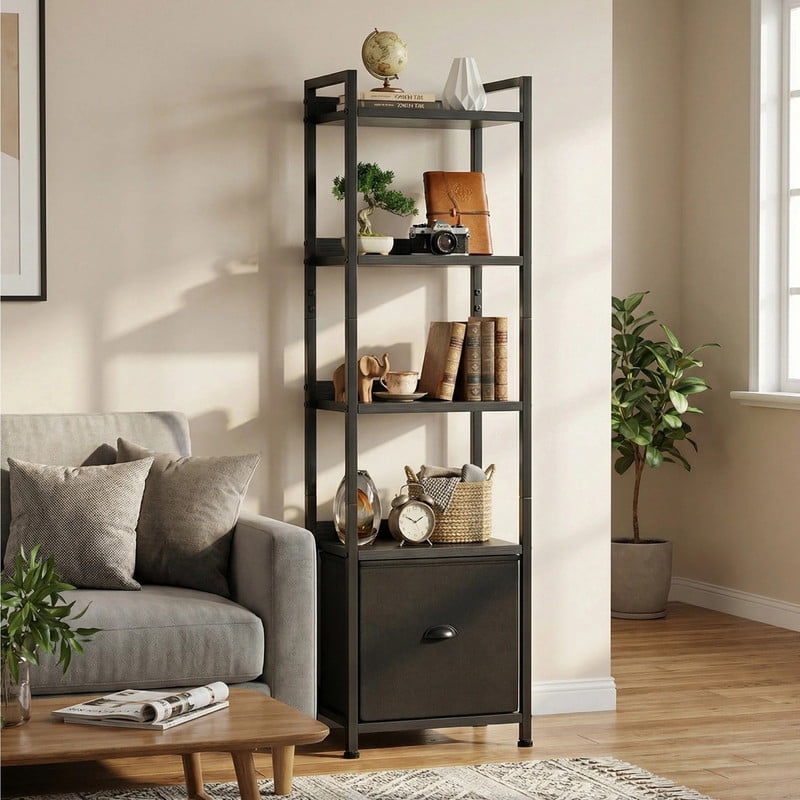 Kelno 5 Tier Bookshelf 55"x15" Bookcase with Fabric Drawer Open Display Storage Rack, Wooden Black