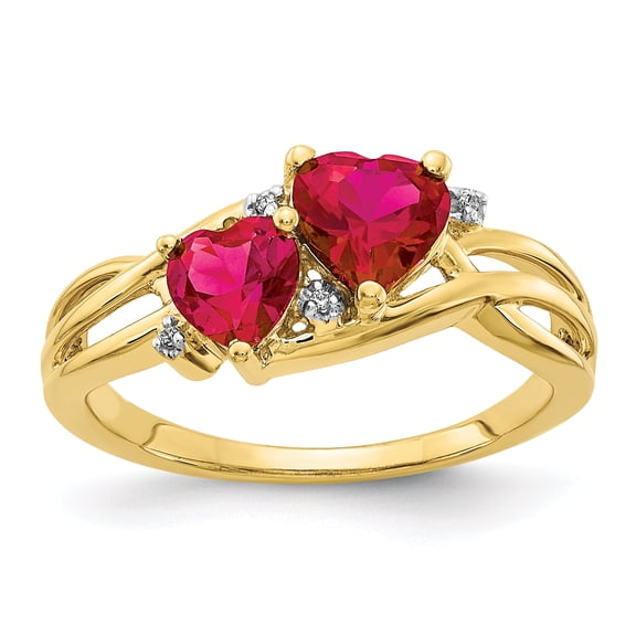 Primal Gold 10 Karat Yellow Gold Lab Created Ruby and Diamond Double Heart Ring