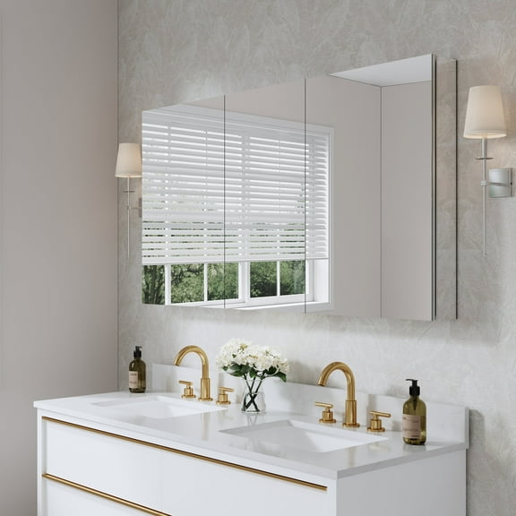 ANGELES HOME 56" x 30" Rectangle Medicine Cabinet Mirror, Surface Mount or Recessed Medicine Cabinet with Tempered Mirror, Anodized Aluminum Frame, Bathroom Mirror with Storage, Three Opening Door