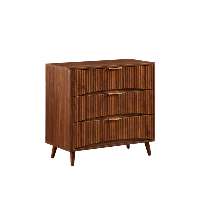Fluted 3 Drawer Nightstand with Metal Handles,Wood Dresser Chest,Storage Cabinet for Bedroom, Living Room,Walnut