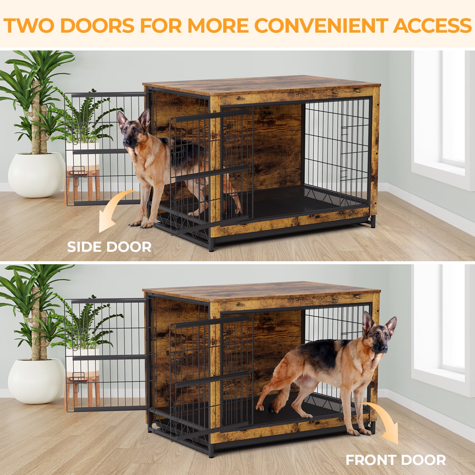 Arlopu Dog Crate Furinture, Side End Table Wooden Dog Cage with Double Doors Dog Kennel Indoor for Large/Medium/Small Dogs