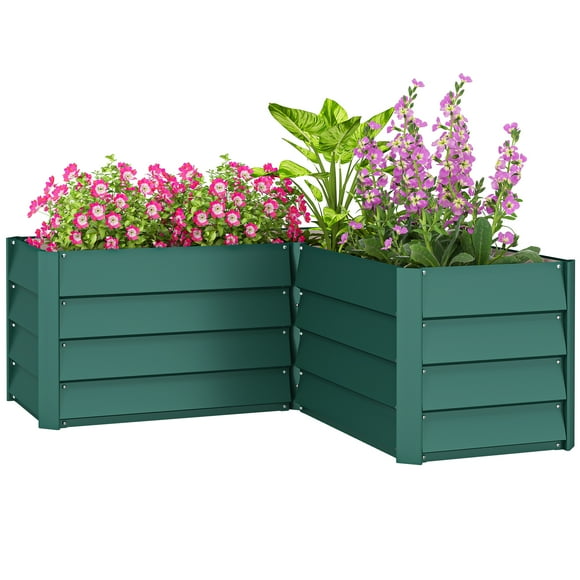 Outsunny L-Shaped Galvanized Steel Raised Garden Bed, Green