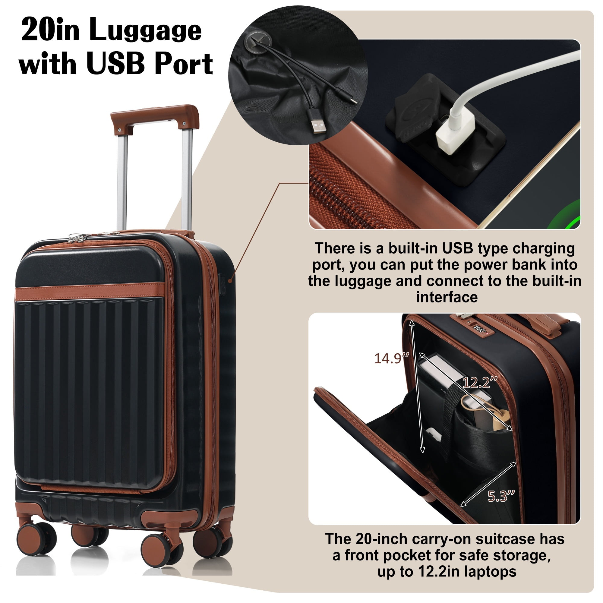 Euroco 3 Piece Front Opening Luggage Set, Hardshell Expandable Carry on Suitcase with Spinner Wheels,USB Port & TSA Lock, Lightweight Luggage for Travel,20in/24in/28in,Black