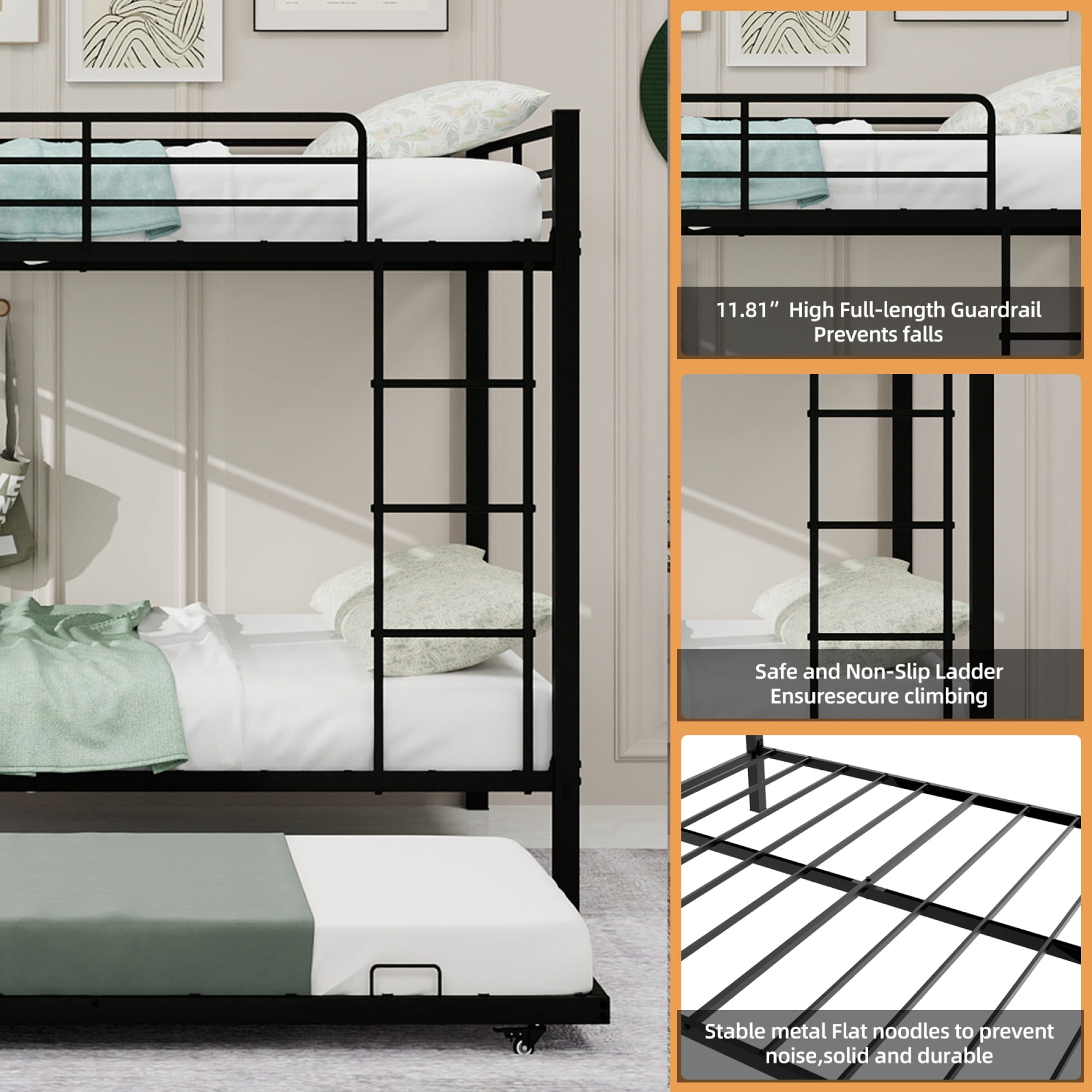 Leumius Triple Bunk Bed Full over Full with Trundle, Convertible Metal Bunk Bed Frame with Ladder & Safety Guardrail, Space-Saving for Teens and Adults,Black