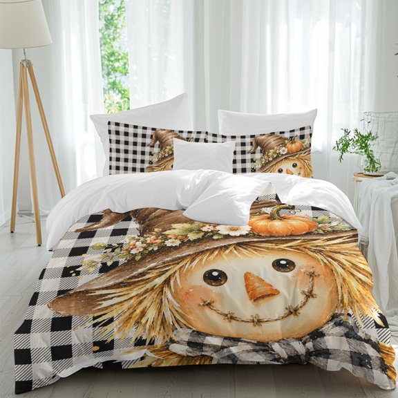 Halloween Comforter Set Twin Size, Thanksgiving Straw Bogy Pumpkin Hat Black Plaid Soft Bedding Set for Man Woman, 4 Pieces Duvet Cover Set with Fitted Sheet, 2 Pillowcases