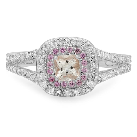 Dazzlingrock Collection 14K Cushion Morganite & Round Pink Sapphire & Diamond Bridal Halo Engagement Ring, White Gold, Size 4.5