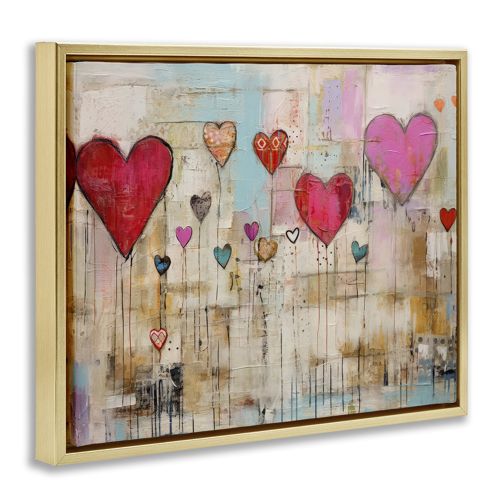 Stupell Industries Modern Floating Hearts Abstract Painting Gold Floater Framed Canvas Art Print Wall Art, 31 x 25